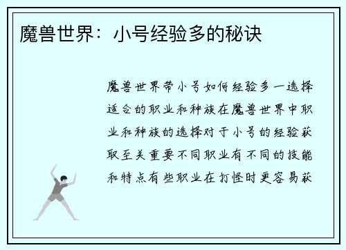 魔兽世界：小号经验多的秘诀